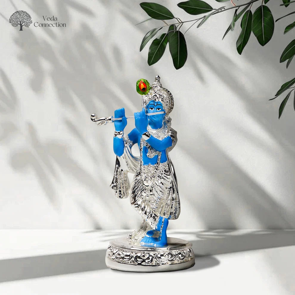 Krishna Ji Idol Playing Flute - 999 Silver Plated - 4.5 Inch |Veda Connection