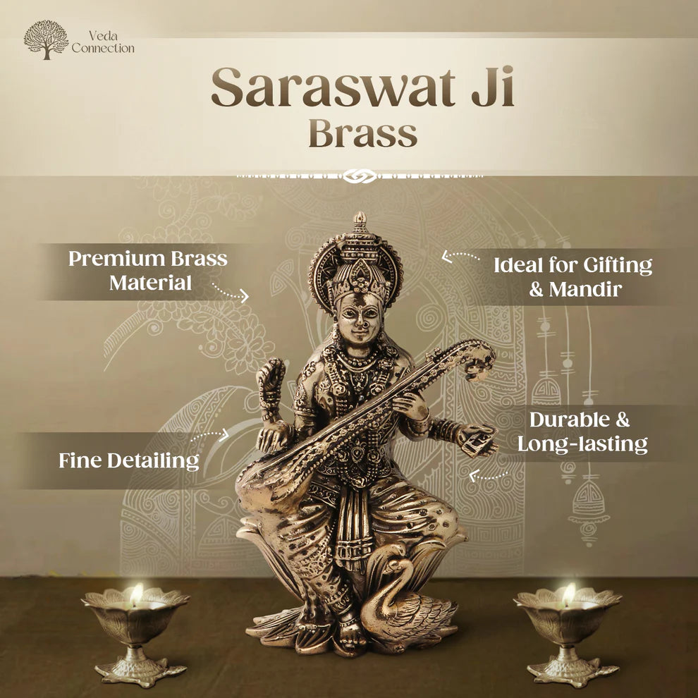 Brass Saraswati Ji Idol | Idol of Wisdom & Arts for Home, Study & Gifting