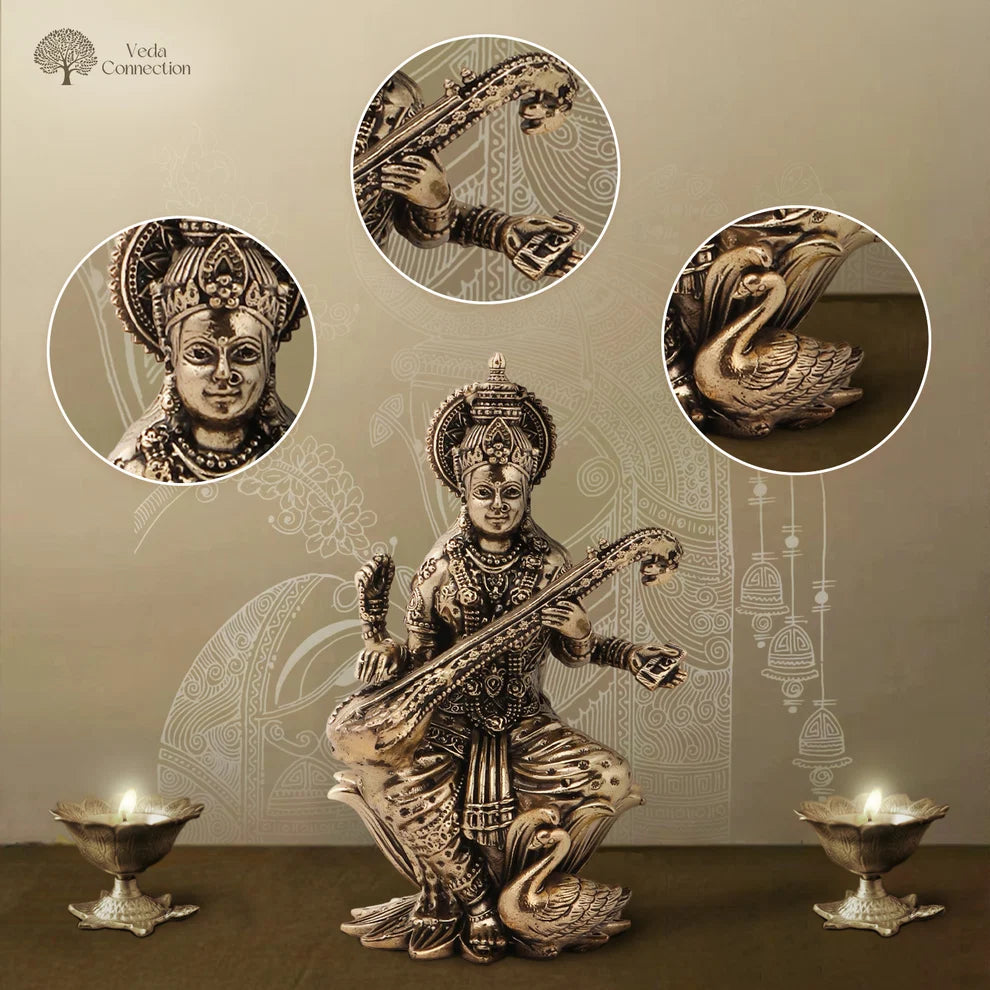 Brass Saraswati Ji Idol | Idol of Wisdom & Arts for Home, Study & Gifting