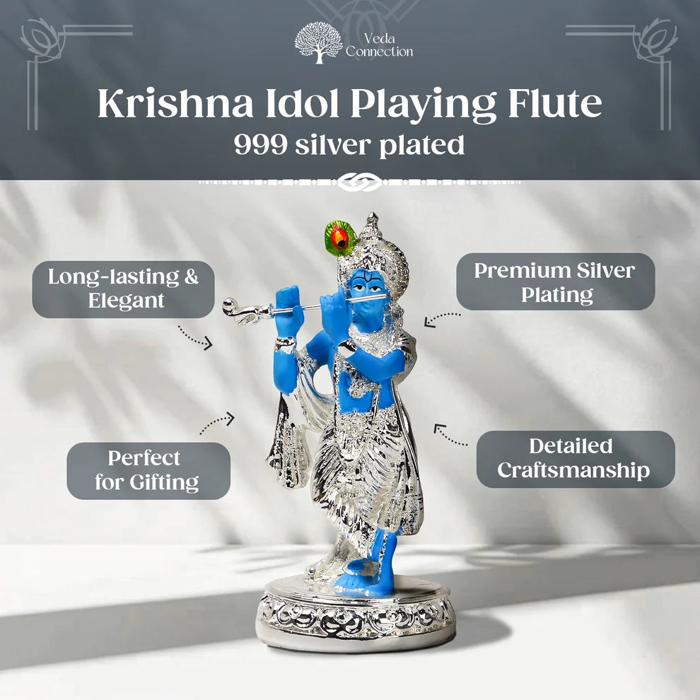 Krishna Ji Idol Playing Flute - 999 Silver Plated - 4.5 Inch |Veda Connection