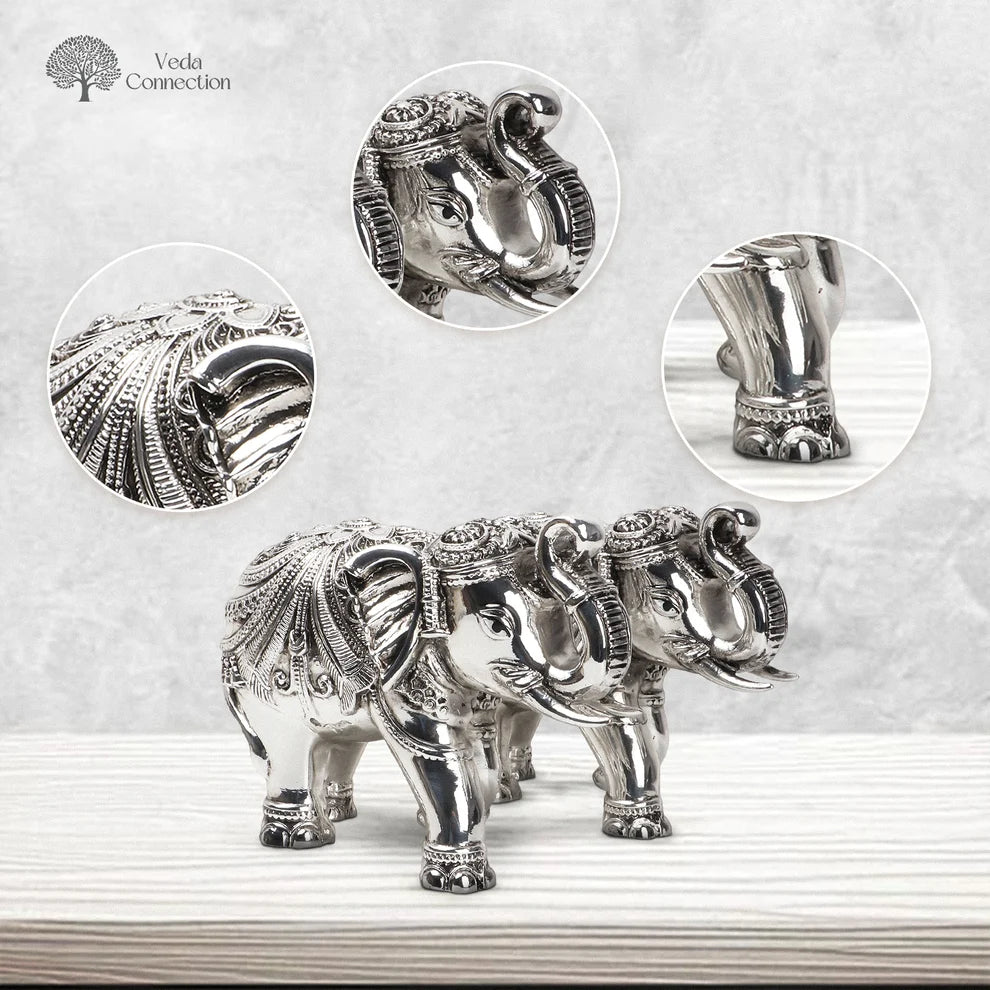 Vastu Trunk Up Elephants Idol Set of 2 Antique Silver Plated