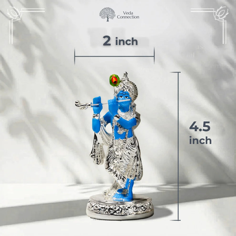 Krishna Ji Idol Playing Flute - 999 Silver Plated - 4.5 Inch |Veda Connection