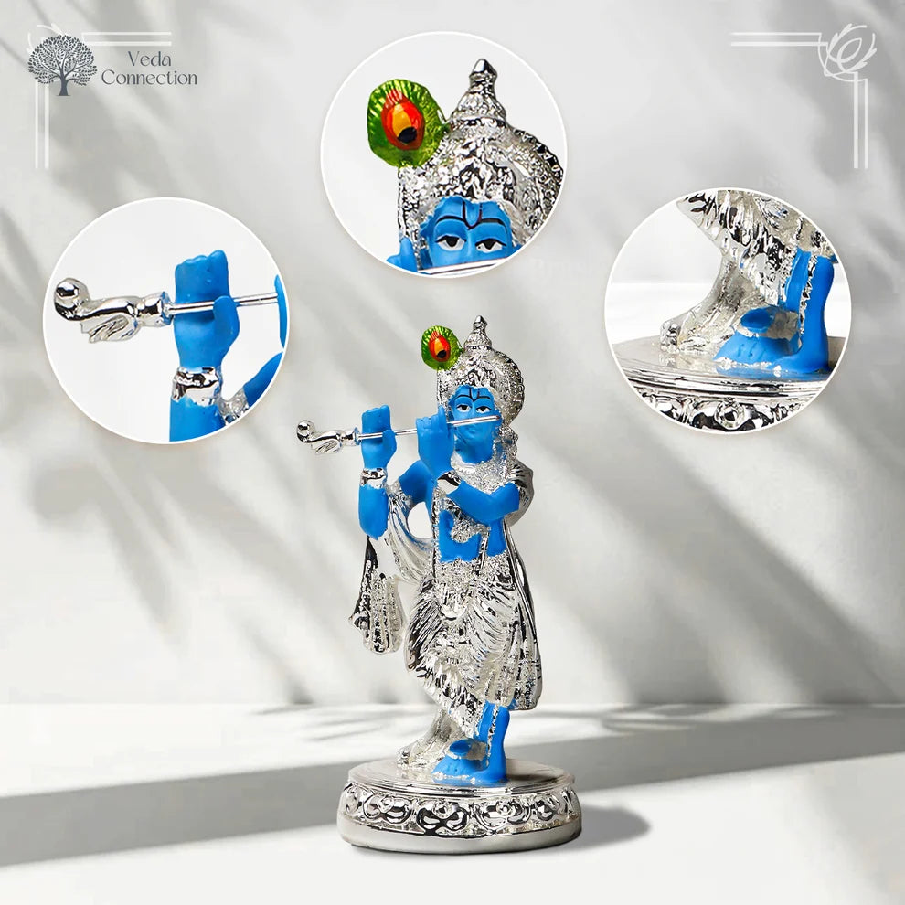 Krishna Ji Idol Playing Flute - 999 Silver Plated - 4.5 Inch |Veda Connection