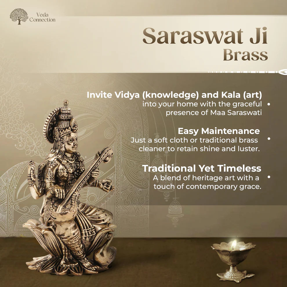 Brass Saraswati Ji Idol | Idol of Wisdom & Arts for Home, Study & Gifting
