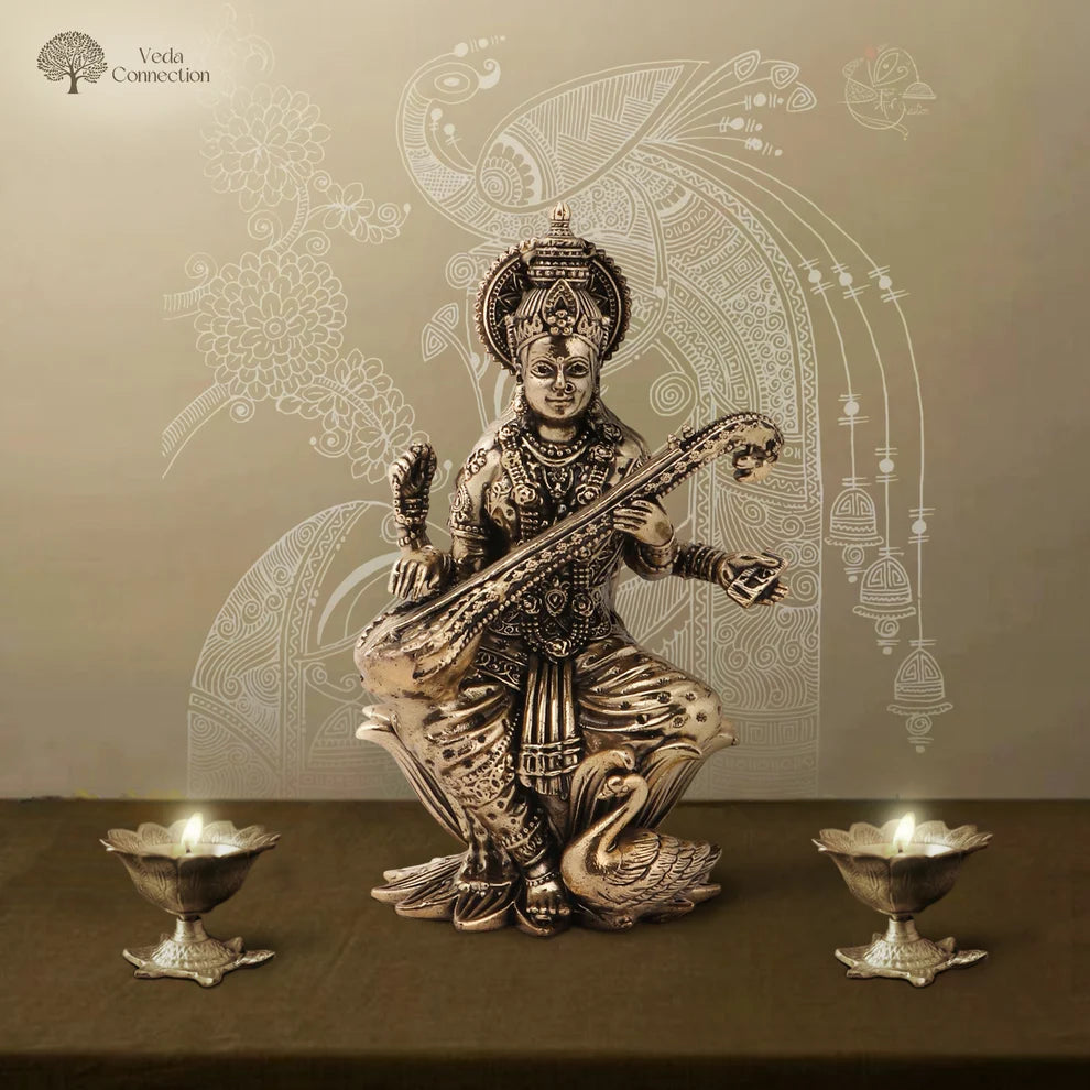 Brass Saraswati Ji Idol | Idol of Wisdom & Arts for Home, Study & Gifting