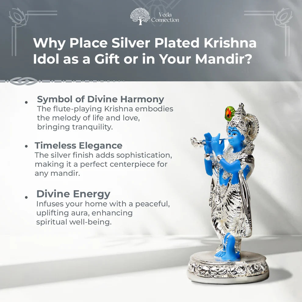 Krishna Ji Idol Playing Flute - 999 Silver Plated - 4.5 Inch |Veda Connection