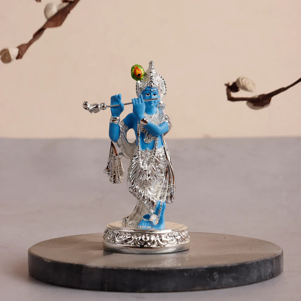 Krishna Ji Idol Playing Flute - 999 Silver Plated - 4.5 Inch |Veda Connection