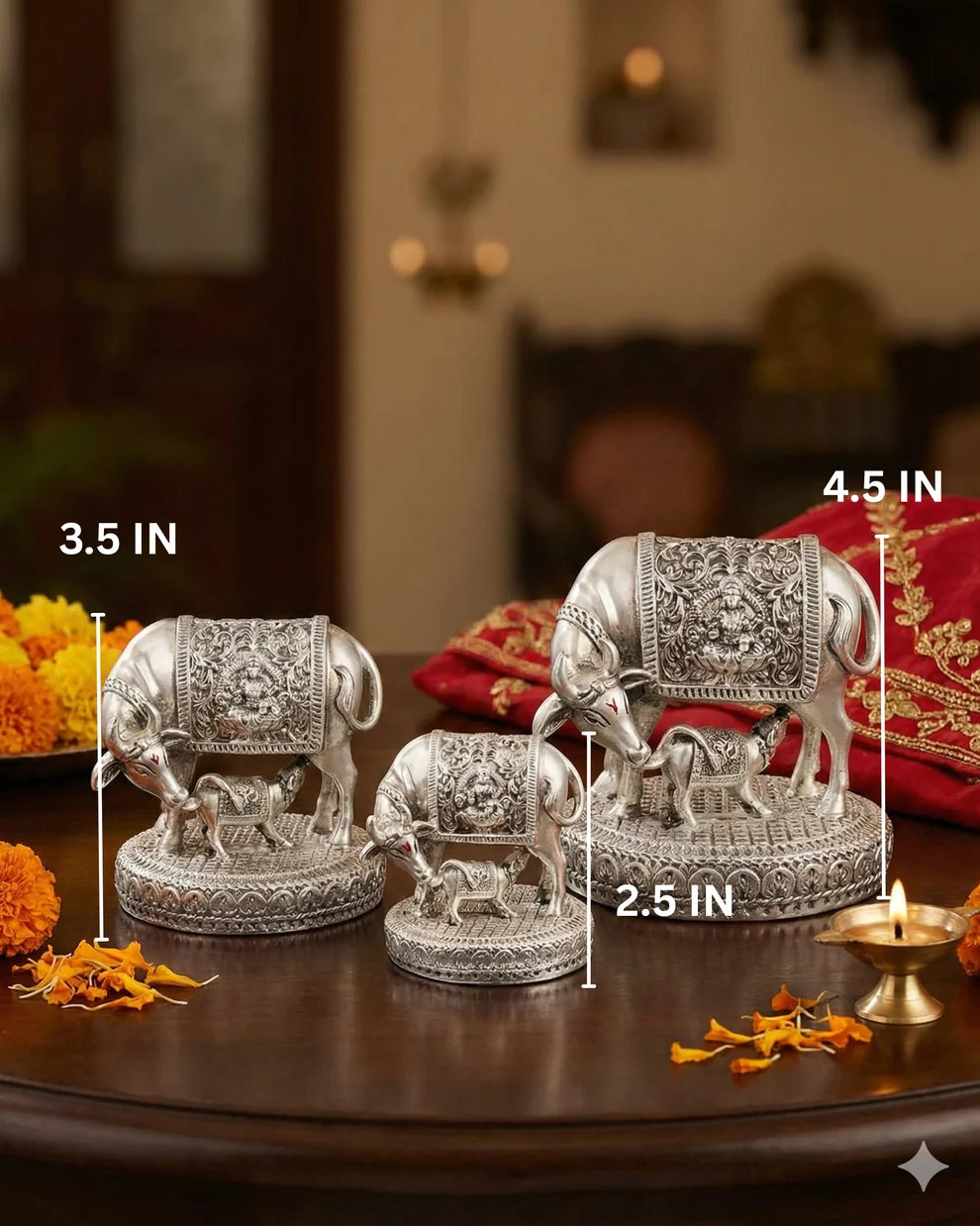 Shree Kamdhenu Cow & Calf Idol for Wealth & Good Fortune - Silver Plated