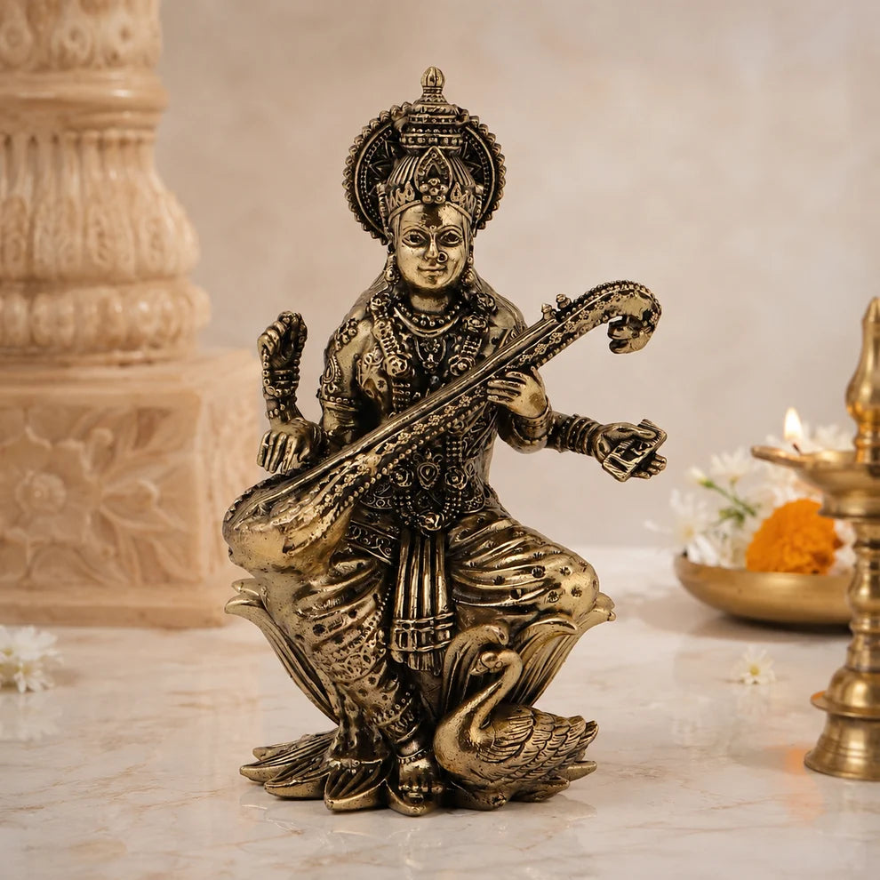 Brass Saraswati Ji Idol | Idol of Wisdom & Arts for Home, Study & Gifting