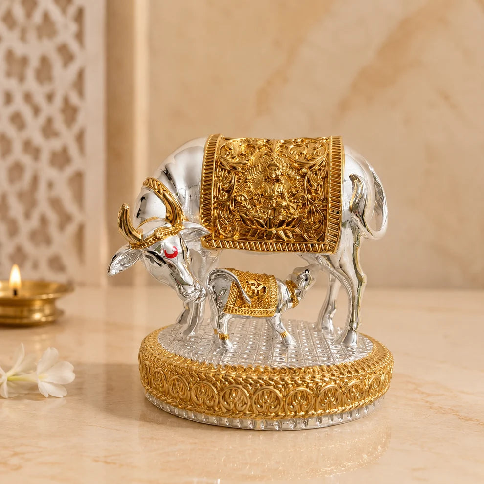Shree Kamdhenu Cow Idol - Gold and Silver plated | Veda Connection