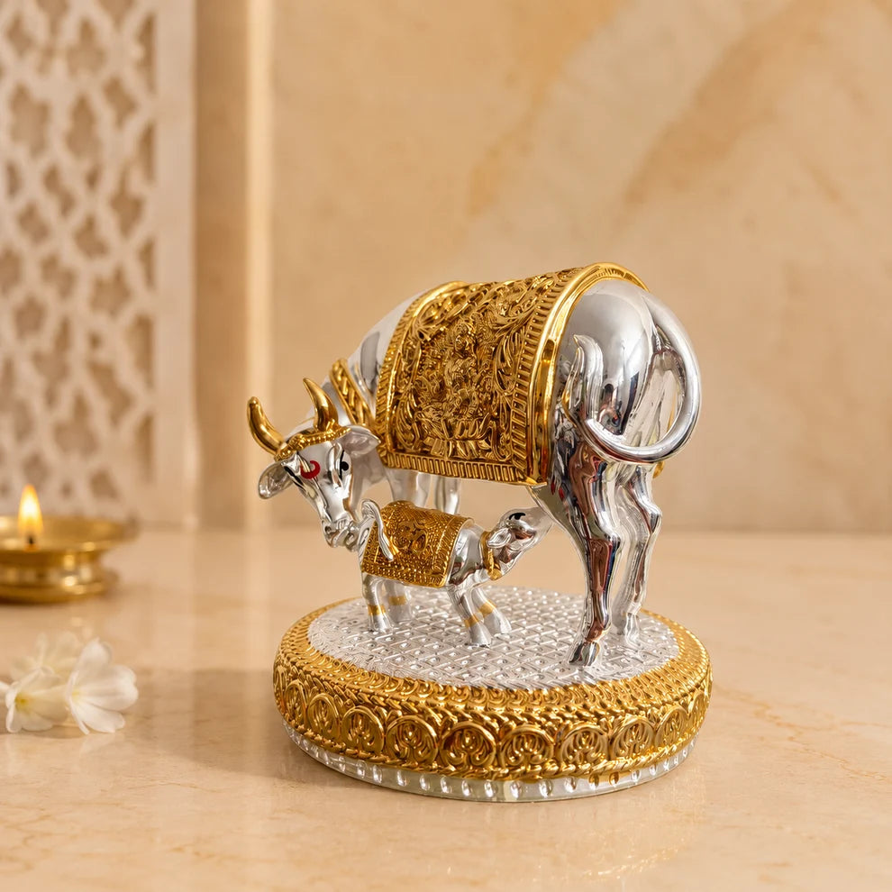 Shree Kamdhenu Cow Idol - Gold and Silver plated | Veda Connection