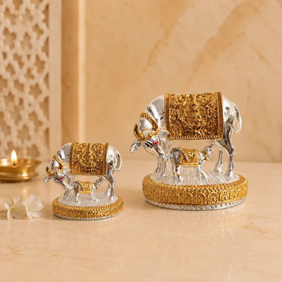 Shree Kamdhenu Cow Idol - Gold and Silver plated | Veda Connection