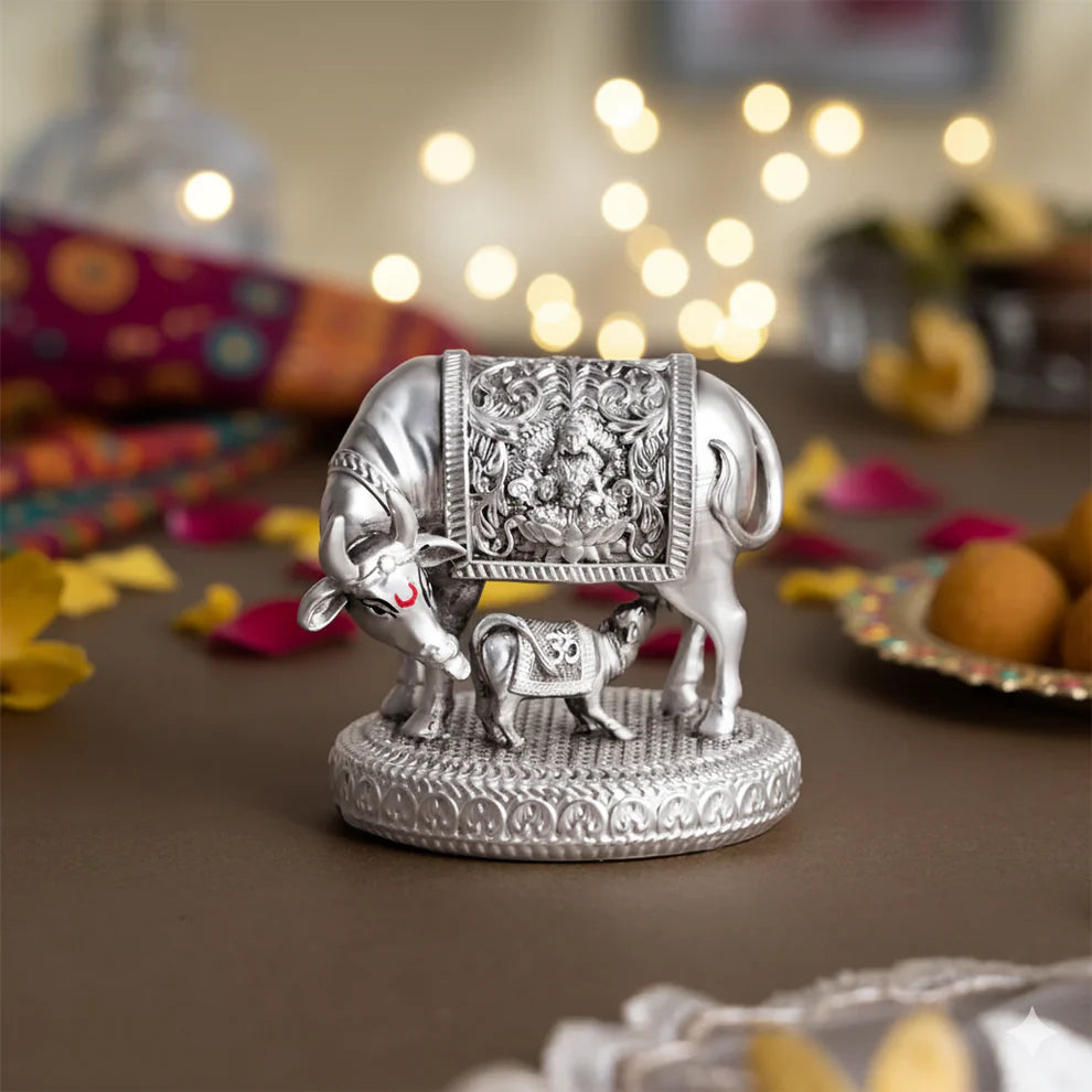 Shree Kamdhenu Cow & Calf Idol for Wealth & Good Fortune - Silver Plated