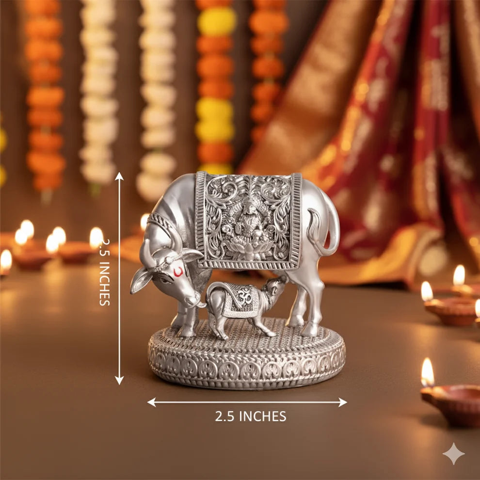 Shree Kamdhenu Cow & Calf Idol for Wealth & Good Fortune - Silver Plated