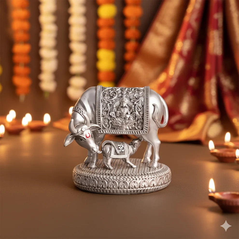 Shree Kamdhenu Cow & Calf Idol for Wealth & Good Fortune - Silver Plated