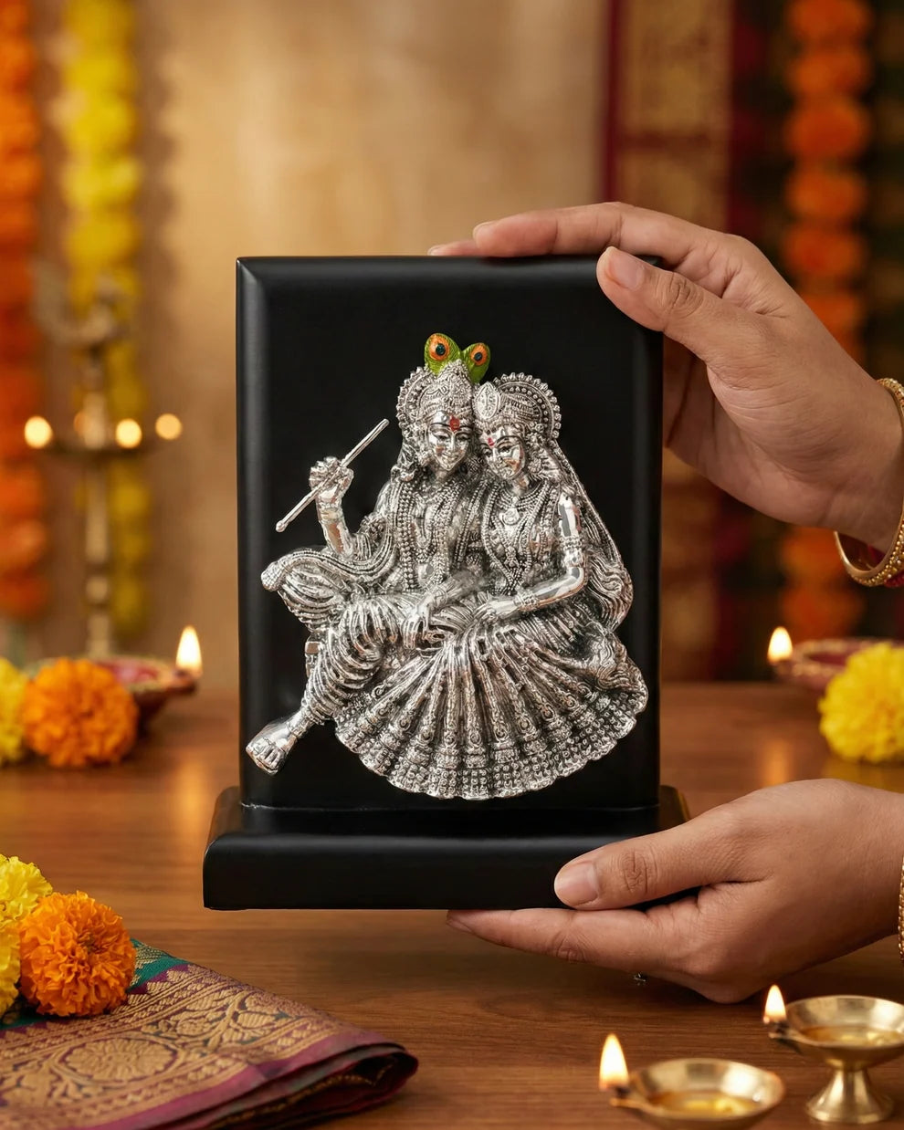 999 Silver Plated Radhe Krishna Idol with MDF Base