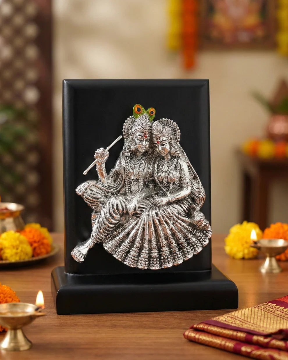 999 Silver Plated Radhe Krishna Idol with MDF Base