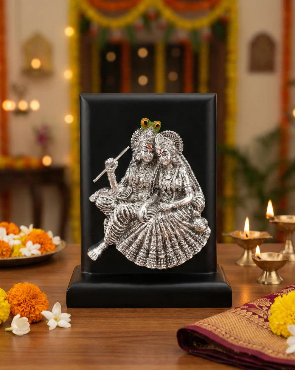 999 Silver Plated Radhe Krishna Idol with MDF Base