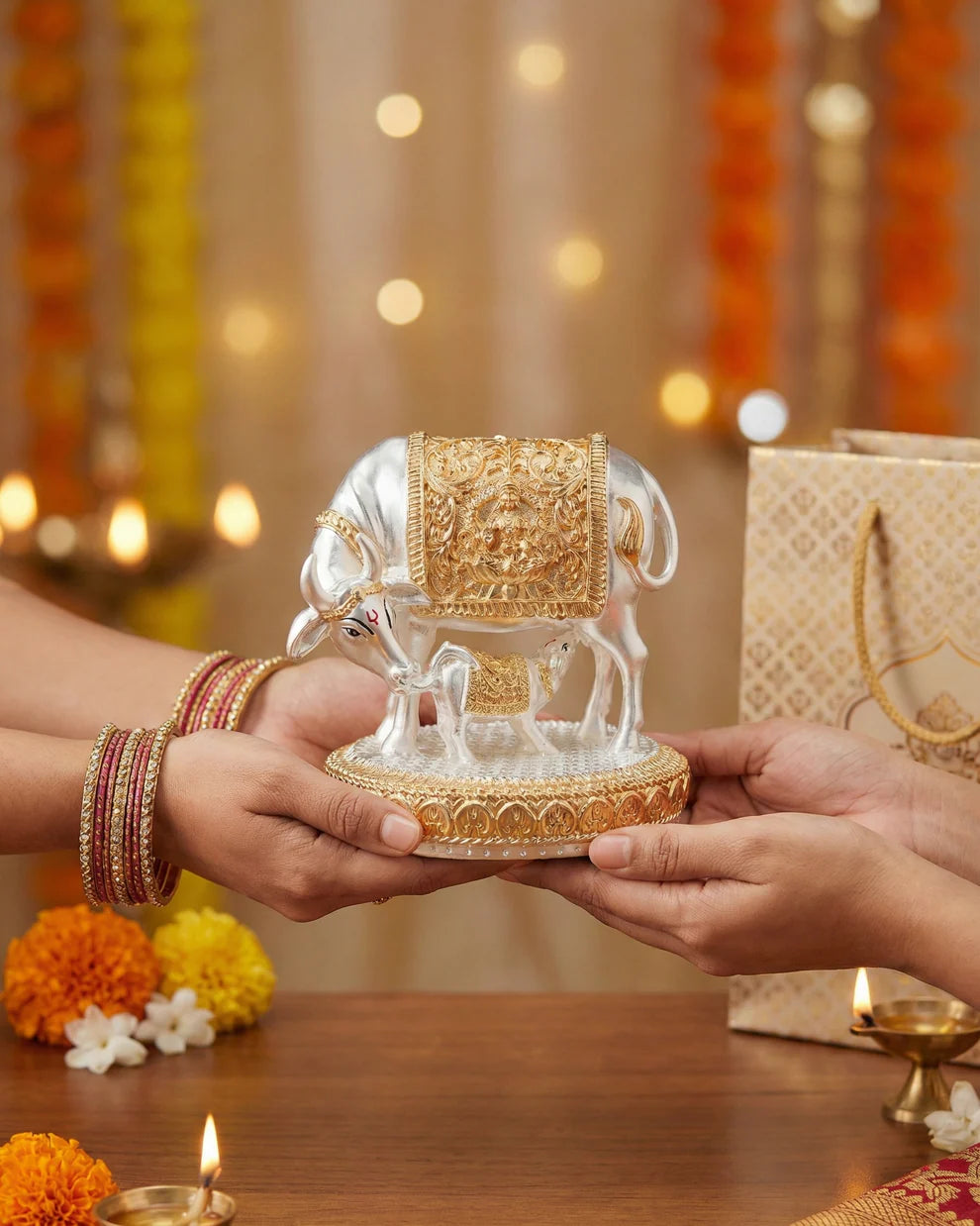 Shree Kamdhenu Cow Idol - Gold and Silver plated | Veda Connection