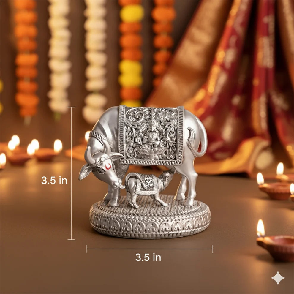 Shree Kamdhenu Cow & Calf Idol for Wealth & Good Fortune - Silver Plated