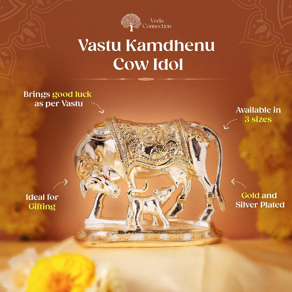 Vastu Kamdhenu Cow with Calf Idol Gold and Silver Plated Statue