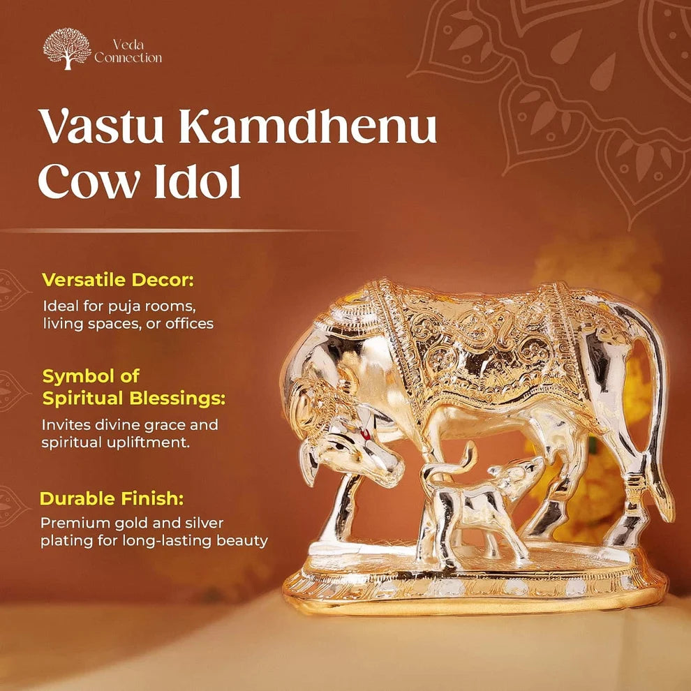 Vastu Kamdhenu Cow with Calf Idol Gold and Silver Plated Statue
