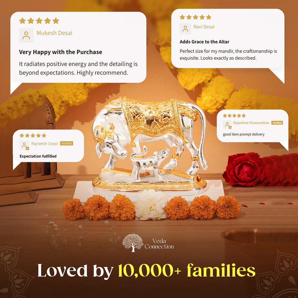 Vastu Kamdhenu Cow with Calf Idol Gold and Silver Plated Statue
