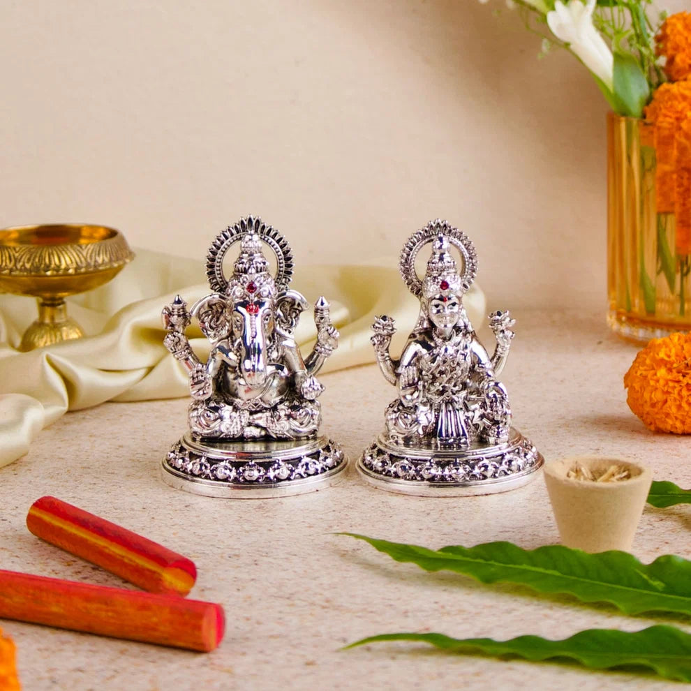 999 Silver Plated Ganesh Lakshmi Ji Idol Set – 3.5 Inch