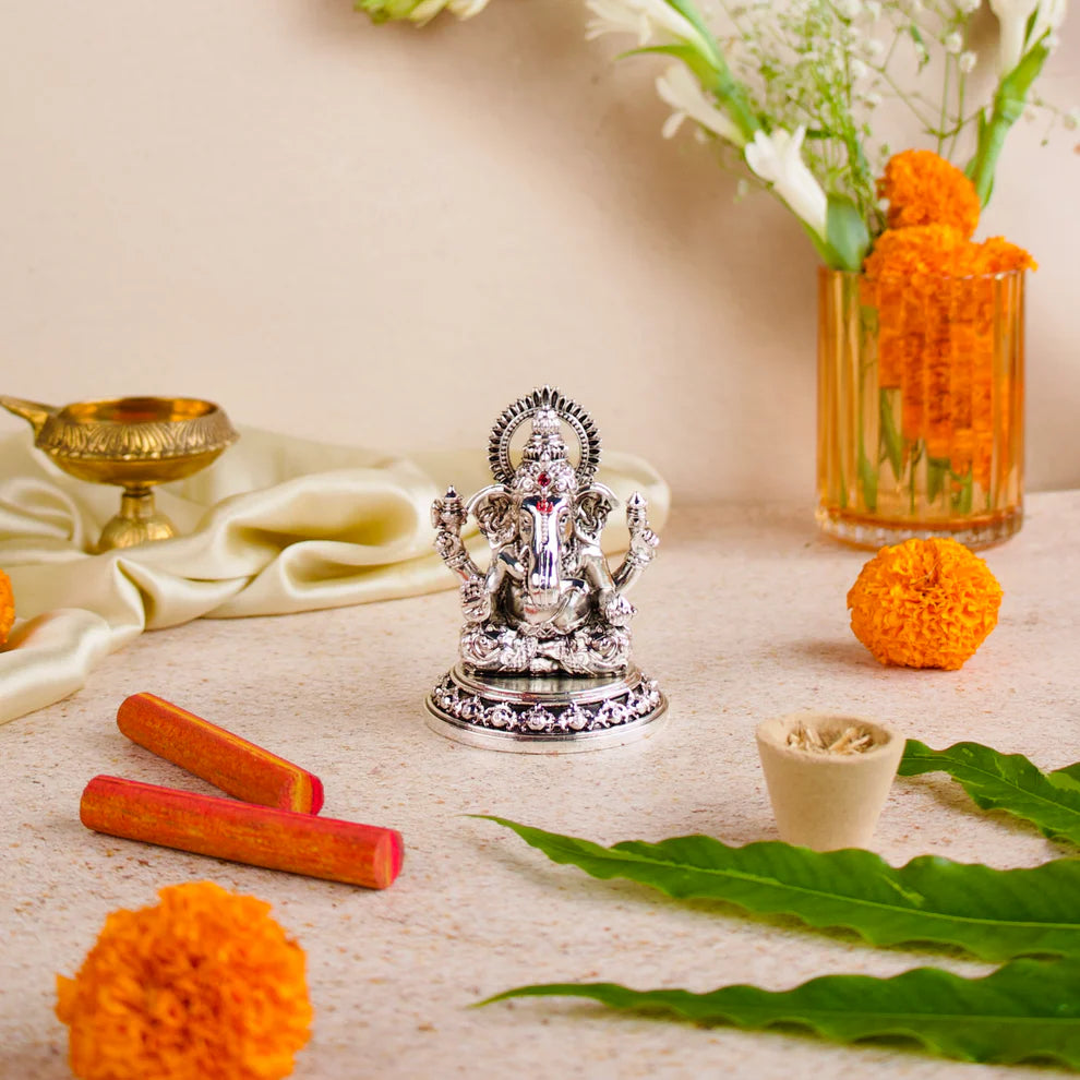 999 Silver Plated Ganesh Lakshmi Ji Idol Set – 3.5 Inch